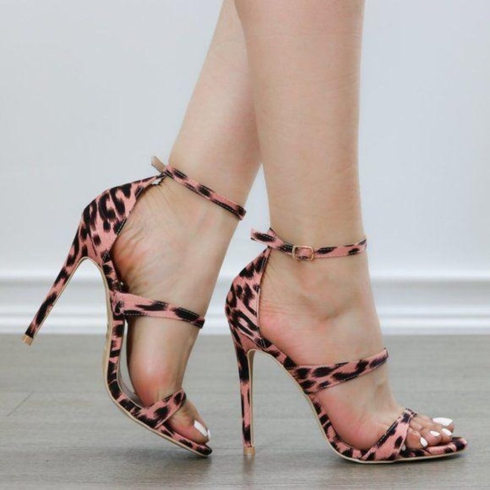 Satin Blush & Black Leopard Print Strappy Heels - Picture 4 of 8